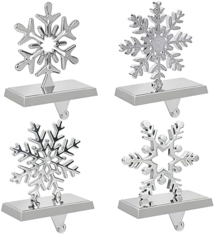 INNO STAGE Snowflake Christmas Stocking Holders for Mantle -Set of 4 Metal Stocking Hangers, Silver Stocking Hooks for Fireplace Window Tabletop Stair Shelf Christmas Decoration by INNOSTAGE