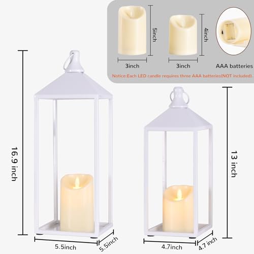 White Decorative Lantern Decor 17" 13" Set of 2 Wedding Lantern with Candle - Image 6