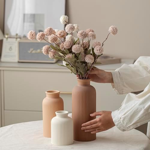 Large Modern Ceramic Vase Set, Coffee Ribbed Matte Design, 3-Piece Decorative Vases for Home, Living Room, Office (XL Coffee Mix) - Image 2