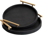 2 Piece Black Round Serving Tray with Handles, Woven-Texture Faux Leather Ottoman Tray for Living Room, Decorative Tray for Coffee Table Home Decor by MACVAD