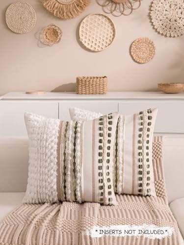 Boho Chenille Tufted Couch Throw Pillow Covers 18x18 Inch Set of 2 Farmhouse Striped Decorative Pillow Covers Accent Neutral Square Pillowcase Green Cushion Covers for Livingroom Sofa Bed - Image 2