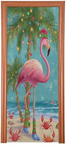 Pfrewn Christmas Decorations Door Cover Christmas Tropical Flamingo Palm Tree Crab Front Door Backdrop Banner Winter Holiday Garage Door Sign for Home Indoor Outdoor Party Supplies 36x98 in by Pfrewn