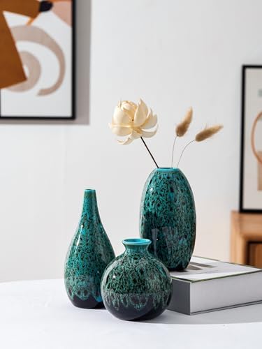 Ceramic Bud Vase Set, Fambe Blue Glazed Finish, Decorative Flower Vases (Blue-Set of 3) - Image 5