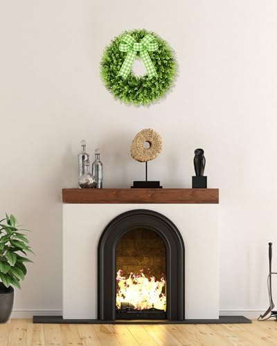 Vlorart 18'' Small Boxwood Wreaths for Front Door, Artificial Wreath with Green Bow for Front Door Wall Window Decor, Summer Fall Greenery for Thanksgiving Christmas Decorations Indoor Outdoor - Image 5