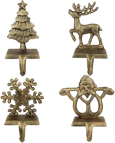 OCTERIC 4Pcs Stocking Holders, Reindeer Santa Snowflake Christmas Tree Metal Mantel Hooks, Anti-Slip Heavy Duty Solid Cast Iron Mantle Hangers Xmas Décor for Fireplace Holiday Indoor Decoration by OCTERIC