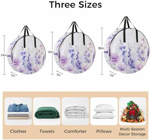 Spring Flower Round Storage Bag 24 Inch, Idyllic Purple Lavender Clothes Storage Container with Handles Heavy Duty Organizer for Comforter, Bedding & Holiday Wreaths - Image 7