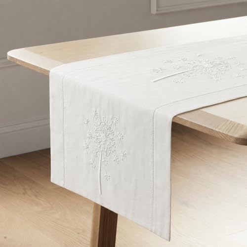 Hand-Embroidered Cotton Table Runner, 16 x 72 Inch, White Dandelion by EmbroideryLinenVN