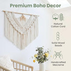 Large Macrame Wall Hanging 43"x32" - Handmade Woven Tapestry Boho Wall Decor for Bedroom Living Room Sofa Backdrop Natural Cotton Rope Long Fringe Tassel Bohemian Home Wall Art Decor with Wood Beads (Beige-B) - Image 5