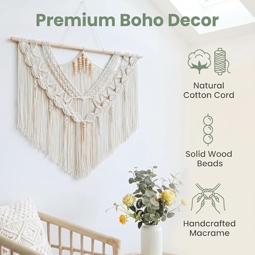 Large Macrame Wall Hanging 43"x32" - Handmade Woven Tapestry Boho Wall Decor for Bedroom Living Room Sofa Backdrop Natural Cotton Rope Long Fringe Tassel Bohemian Home Wall Art Decor with Wood Beads (Beige-B) - Image 5