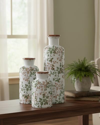 Brown and Green Ceramic Vase Set of 3, Vintage Botanical Vases for Decor - Image 6