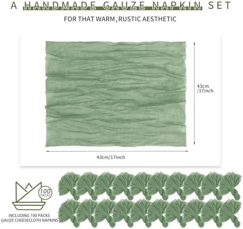 100 Pieces Cloth Napkins Sage Green Dinner Cheesecloth Napkins for Wedding,Wrinkled Cloth Napkins Bulk for Home Party Rustic Table Decoration, 17 x 17 Inch - Image 2