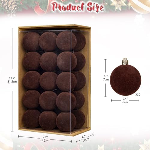 30PCS Velvet Christmas Ball Ornaments Set, 2.36" Shatterproof Baubles for Christmas Tree Decorations, Hanging Baubles with Soft Velvet Finish for Thanksgiving Holiday Party Décor, Dark Brown - Image 2