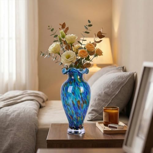 12in Tall Hand Blown Glass Vase Unique Ruffle Wide Mouth Vases, Elegant Modern Glass Flower Decorations Vase, Beautiful Colorful Vases for Home Living Room Bookshelves Wedding High End Centerpieces - Image 6