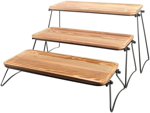 VICASKY Wooden Serving Tray Set with Rack, Tiered Hardwood and Softwood Platter, Small Rustic Tray for Coffee Table and Kitchen Counter Decor by Unknown