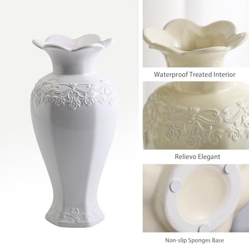Relievo Elegant White Cream 8in 11in Ceramic Flower Tall Aesthetic Beige Table Tulip Wide Mouth Rose Filler Decorative Rustic Vase Decor for Home (White Vase, L) - Image 3