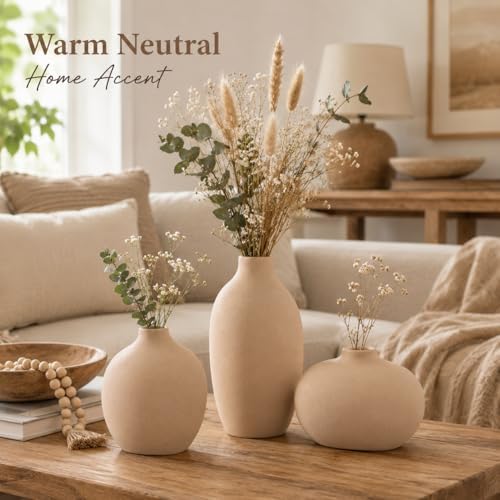 Small Tan Brown Ceramic Vase Set of 3,Bulk Mini Bud Vases for Flowers and Pampas Grass,Cute Boho Ellipse Home Decor for Coffee Table Centerpieces,Living Room,Office,Bookshelf,Entryway Decor - Image 3