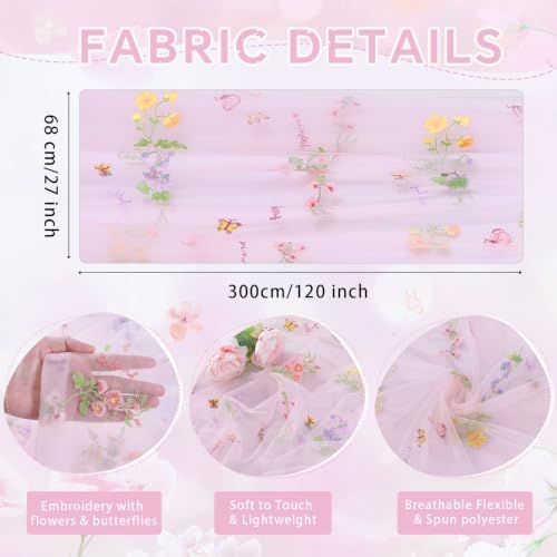 Pink Floral Gauze Table Runner 3pcs 10ft Embroidery Tulle Spring Decor - Image 5