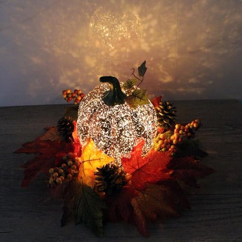 Lighted Pumpkin Fall Decor – LED Thanksgiving Decoration with Faux Maple Leaves, Berries, and Pinecones, Autumn Harvest Centerpiece for Table, Indoor and Outdoor Home Display - Image 2