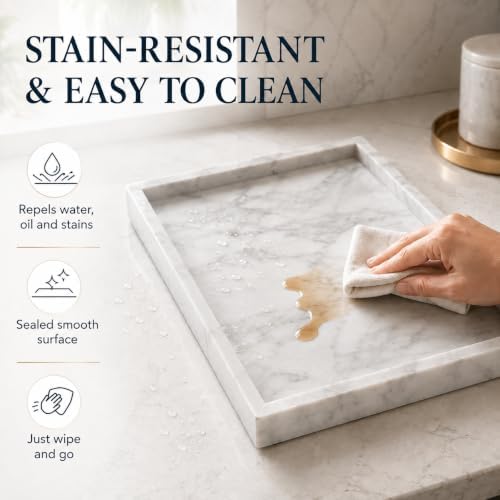Natural Marble Decorative Tray, 11.8"x7.87" Solid Stone Serving Tray with Raised Border, Versatile Rectangle Organizer for Entryway Key, Coffee Table, Nightstand, Jewelry & Home Accent (White) - Image 3