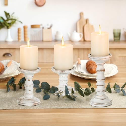 Romadedi Pillar Wood Candle Holders, Whitewashed Brown, Set of 3 - Image 6