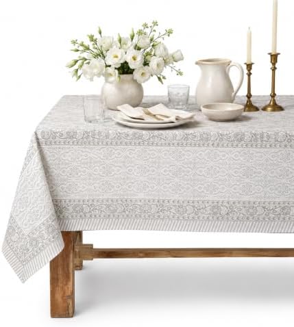 Floral Rectangle Table cloth | 100% Cotton Hand Block Printed Thanksgiving Spring Table Cover| Dust Proof Wrinkle Resistant, for Dining , Kitchen, Festive, Parties, Weddings (Grey White, 72x108 inch) by THEJAIPURFOLK