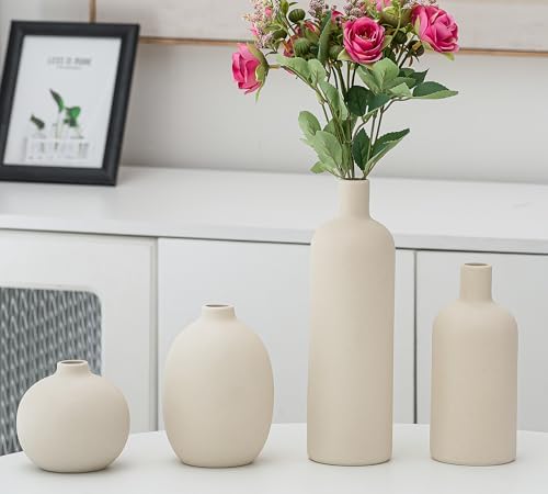 Ceramic Vase Set of 4, Classic Beige White Matte Vases Home Decorations for Table Shelf Office Centerpieces Decor - Image 6