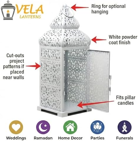 Vela Lanterns Decorative Indoor Moroccan Candle Holders, White, Set of 2 - Image 5