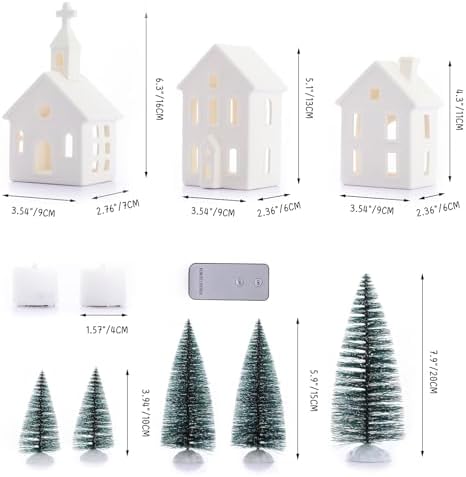 9 Pcs Christmas Village Figurines Sets - 4 Lighted Ceramic Houses & 5 Trees - Image 3