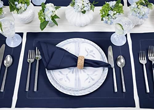 Solino Home 100% Pure Linen Placemats Navy Hemstitch, 14 x 19 in, Set of 6 - Image 3