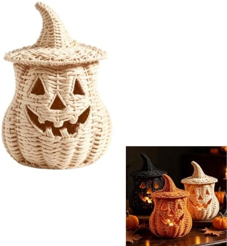 TREBIN 11'' Wicker Pumpkin Lantern Halloween Decor, Handwoven Rattan Halloween Candy Basket Jack O Lantern Candle Holder, Rustic Witch Hat Pumpkin Decoration for Tabletop Porch Mantel (Single-Beige) - Image 2