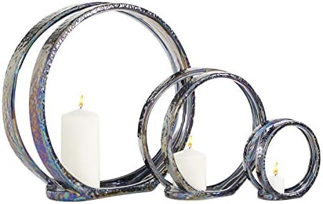 Deco 79 Ceramic Decorative Candle Holder Pillar 3 Plate Candle Stand, Set of 3 Candlestick Holder 13", 9", 6"H, Silver - Image 4