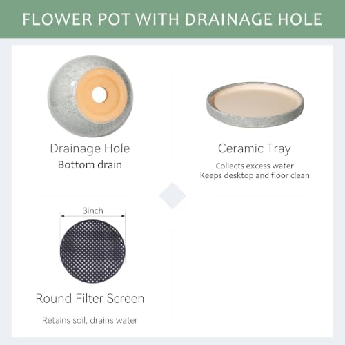 10.3 Inch Ceramic Glaze Plant Pot with Saucer, Flower Pots with Drainage Hole Mesh Net(Gray-Blue Dot) - Image 4