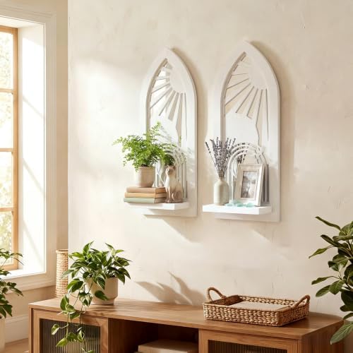 ZEXUIRU 2 Set Rustic Candle Sconces Living Room Bedroom Entryway Wood Mirrored, Farmhouse, Carved Frame Wall-Mount Wooden Candle Holders Wall Decor Hanging Handmade Holder - Distressed White by ZEXUIRU