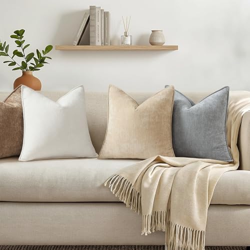 decorUhome Chenille Cream White Velvet Throw Pillow Covers 22x22 Set of 2 - Image 3