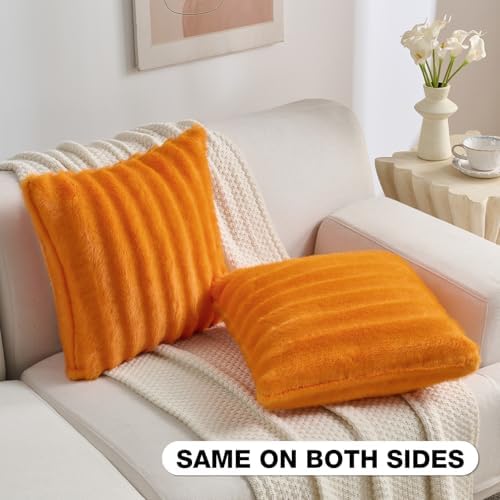 FUTEI Pack of 2 Faux Mink Fur Throw Pillow Covers 26x26 Inch, Orange - Image 4