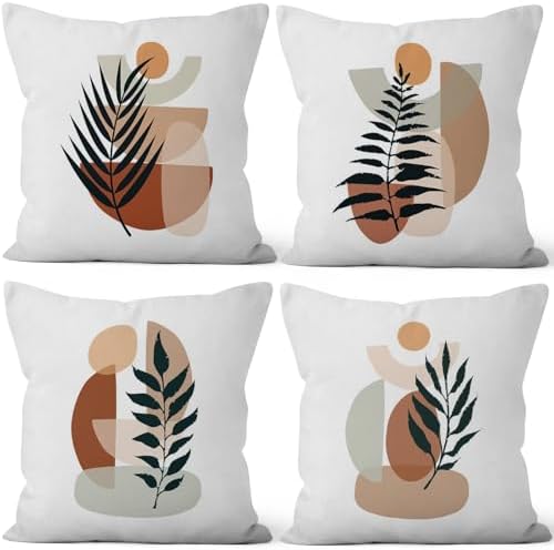 Boho Abstract Throw Pillow Covers 24"x24" Set of 4, Plant Leaves Geometric Minimalist Aesthetic Pillowcase for Sofa Chair Couch Bed Living Room Office Garden Patio Farmhouse Decorative by VieSavaran
