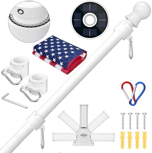 ZMTECH 5FT Flag Pole Kit with Solar Light and Proud American Flag, Adjustable Bracket and Upgraded Tangle-Free Ring 1" Stainless Steel Flagpole for Day and Night, Residential, Commercial, White by HighQualityGardeningTools