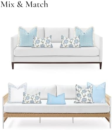 Hofdeco Premium Coastal Patio Indoor Outdoor Lumbar Pillow Cover Only, 12"x20" Water Repellent for Backyard, Couch, Baby Blue Green Embroidered Hibiscus Floral with Piping (Pack of 2) - Image 4