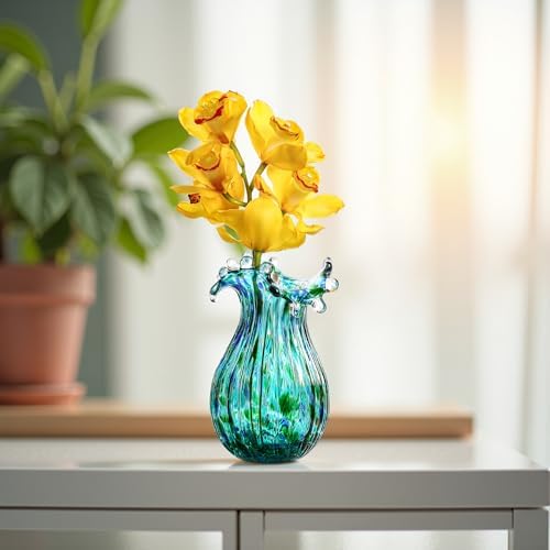 Green Glass Bubble Vase for Flowers, 8.5" Blown Glass Vase for Home Decor - Image 5