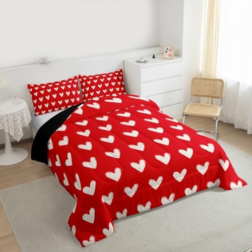 Red White Comforter Set Full Size Cute Heart Pattern Bedding For Kids Boys Girls Valentine Day Gift Quilt Cartoon Love Geometric Duvet Insert Love Heart Soft Warm Bedding Sets Bedroom Decor 3Pcs - Image 3