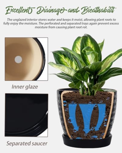 Plant Pots, Flower Pots, Planters for Indoor Plants(6.5+5.5inch), Flower Pots for Indoor Plant with Drainage Hole and Saucer, Ceramic Pots for Plants with Hole Mesh Pad, Black - Image 5