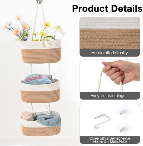 ICERZCZ Hanging Baskets for Organizing 3-Tier Wall Basket Khaki & Off White - Image 6