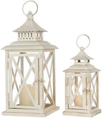 Lanterns Decorative Outdoor&Indoor, Set of 2 (14"&10") Beige Metal Lantern Decor with Glass, Candle Holder for Porch, Patio, Garden, Balcony, Wedding, Table Centerpiece by NEEDOMO-LightUpYourSpace