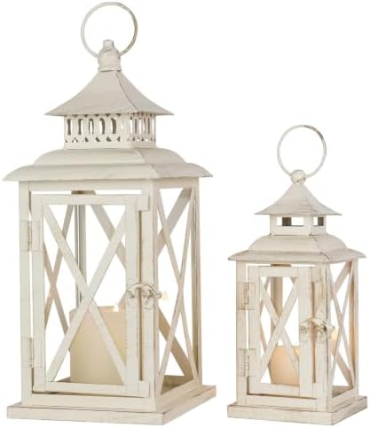 Lanterns Decorative Outdoor&Indoor, Set of 2 (14"&10") Beige Metal Lantern Decor with Glass, Candle Holder for Porch, Patio, Garden, Balcony, Wedding, Table Centerpiece by NEEDOMO-LightUpYourSpace