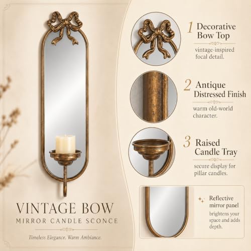 23.6" Gold Candle Sconces Wall Decor, Vintage French Metal Bow Mirror Wall Candle Holder, Decorative Candle Sconce with Candle Tray for Bedroom, Fireplace, Entryway, Hallway, Living Room - Image 5