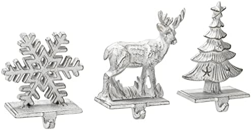Red Co. Set of 3 Snowflake, Reindeer & Christmas Tree Decorative Cast Iron Stocking Holders in Distressed White Finish by RedCo
