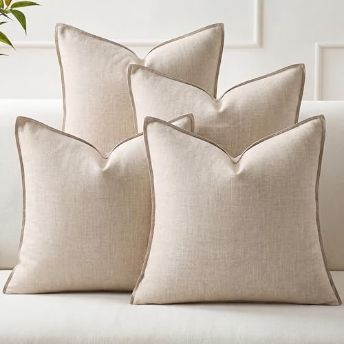 4 Pack 20x20 Inch Linen Pillow Covers Decorative Neutral Linen Throw Pillows Cases, Soft Rustic Cushions Boho Farmhouse Pillowcases for Bed Sofa Living Room Spring Decor(Beige) by Unknown