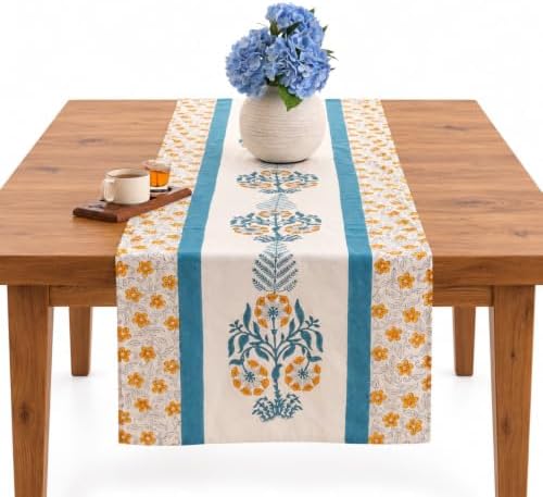 Hand Block Printed Cotton Table Runner, Machine Washable Cotton Runner, Boho Floral Table Accent for Long Dining Tables and Buffet Displays, 12x102 Inches - Teal Blue & Yellow by THEARTBOX