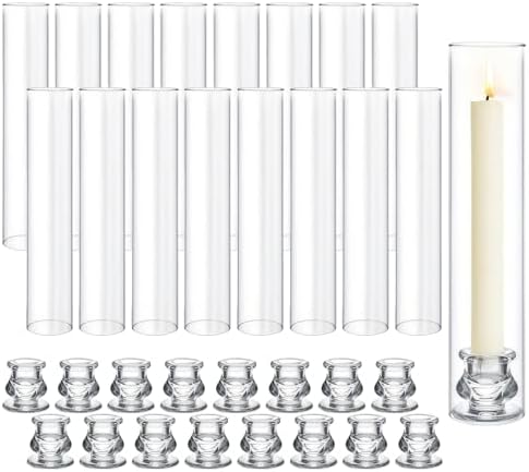 16 Set Clear Glass Hurricane Candle Holders, 12.5" Open Ended Bottomless Windproof Cylinder & 2.1" Taper Candlestick Holders for Wedding Party Home Hotel Decor by CHICERA