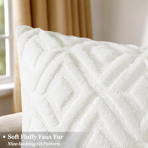 Pallene Christmas Cream White Throw Pillow Covers 26x26 Set of 2, Soft Plush Faux Fur Decorative Couch Pillow Covers for Sofa Bed Living Room Pillow Cases with 3D Diamond Pattern - Image 2